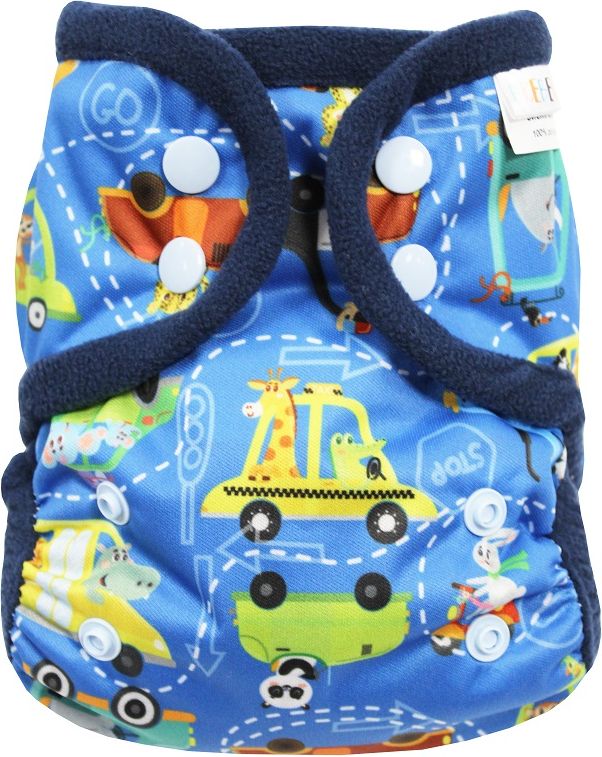 Breberky Svrchní kalhotky MINI bez křidélek - Zvířátka v dopravě PAT, sv.modré patentky + tm.modré lemování - obrázek 1