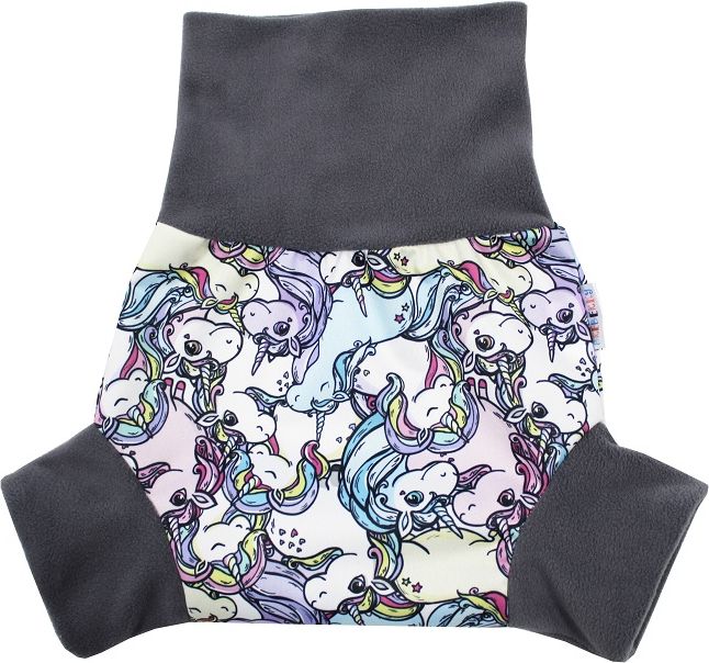 Breberky Natahovací PUL svrchní kalhotky - Šťastný jednorožec, šedé lemování velikost: XL (11-14kg) - obrázek 2