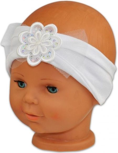 Čelenka Baby Nellys ® s květinkou a flitry - bílá - 38/40 čepičky obvod - obrázek 1