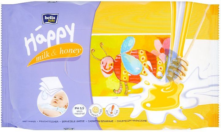 Bella Baby Happy Mléko a Med vlhčené ubrousky 64 ks - obrázek 1