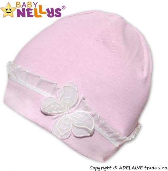 Bavlněná čepička s Motýlkem a s krajkou Baby Nellys ® - sv. růžová - 38/44 čepičky obvod - obrázek 1