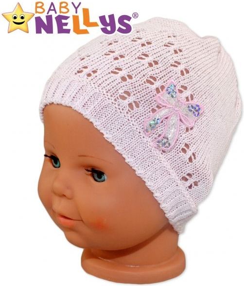 Háčkovaná čepička Mašle Baby Nellys ® - s flitry - sv. růžová - 36/40 čepičky obvod - obrázek 1