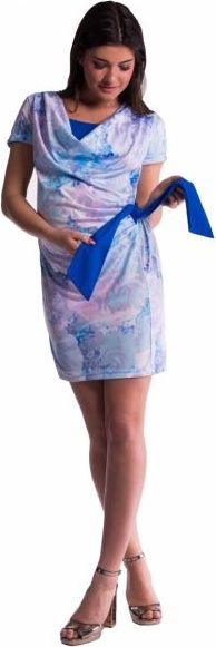 Těhotenské a kojící šaty s květinovým potiskem, s mašlí - modré/chrpa - XXL - XL (42) - obrázek 1
