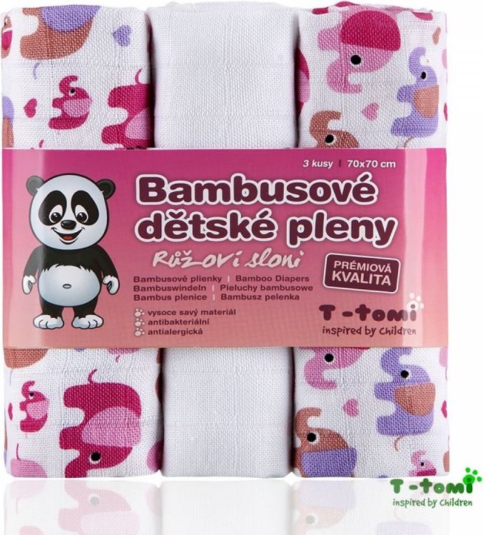 T-tomi BIO Bambusové pleny, růžoví sloni - obrázek 1