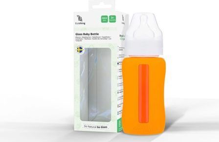 EcoViking - Švédsko Kojenecká lahev skleněná 240 ml široká silikonový obal oranžová - obrázek 1