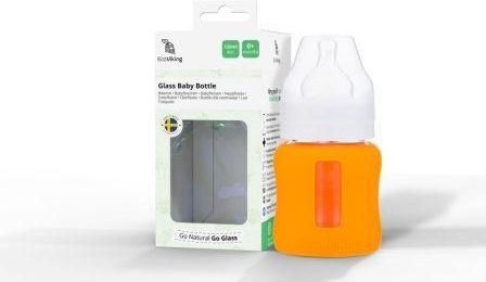 EcoViking - Švédsko Kojenecká lahev skleněná 120 ml široká silikonový obal oranžová - obrázek 1
