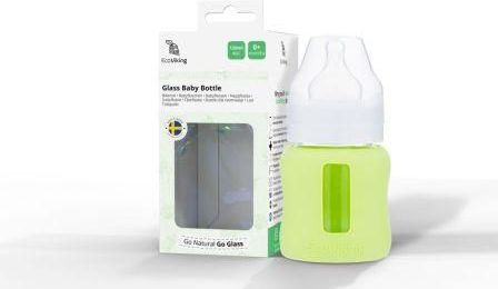 EcoViking - Švédsko Kojenecká lahev skleněná 120 ml široká silikonový obal zelená hrášková - obrázek 1