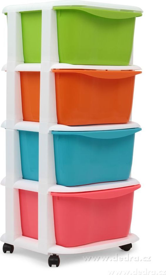 Dedra Čtyřpatrový regál se 4 boxy a kolečky barevný - obrázek 1