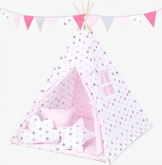 Baby Nellys Polštáře pro stan teepee, týpí - hvězdy šedé a růžové/světle růžová - obrázek 2