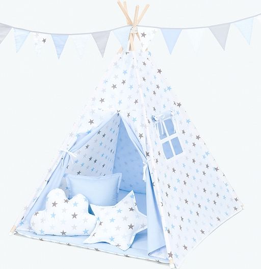 Baby Nellys Polštáře pro stan teepee, týpí - hvězdy šedé a modré/světle modrá - obrázek 2