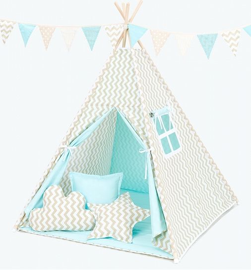 Baby Nellys Polštáře pro stan teepee, týpí - cikcak béžový/tyrkys - obrázek 2