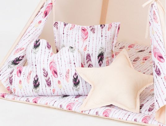 Baby Nellys Polštáře pro stan teepee, týpí - béžový/ růžová pírka - obrázek 1