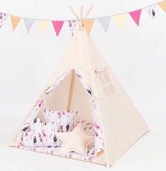 Baby Nellys Polštáře pro stan teepee, týpí - béžový/ růžová pírka - obrázek 2