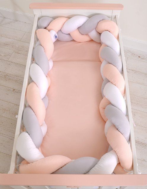 My Sweet Baby Mantinel XXL pletený do copu MAGIC LOOP okolo celé postýlky 360cm - bílá + šedá + lososová - obrázek 2