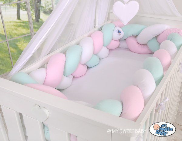 My Sweet Baby Mantinel XXL pletený do copu MAGIC LOOP okolo celé postýlky 360cm - bílá + růžová + mátová - obrázek 1