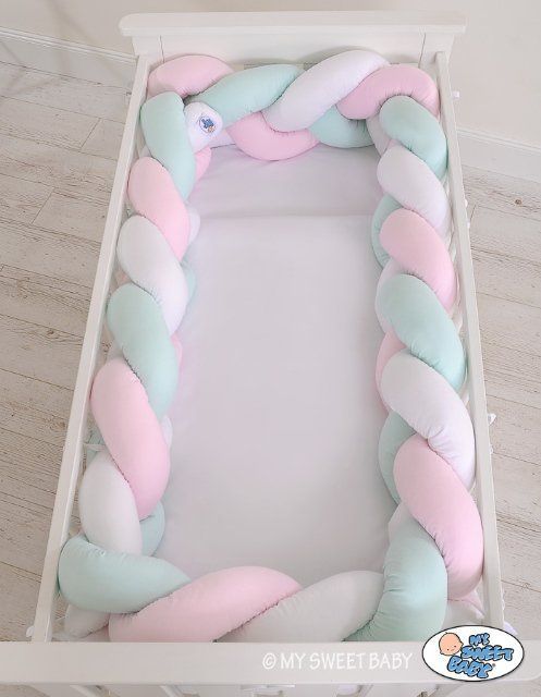 My Sweet Baby Mantinel XXL pletený do copu MAGIC LOOP okolo celé postýlky 360cm - bílá + růžová + mátová - obrázek 2