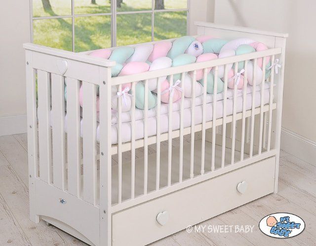 My Sweet Baby Mantinel XXL pletený do copu MAGIC LOOP okolo celé postýlky 360cm - bílá + růžová + mátová - obrázek 3