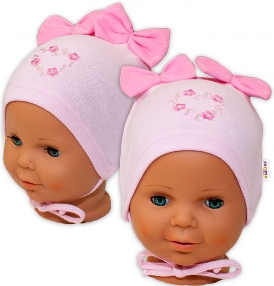 Baby Nellys Bavlněná čepička na zavazování Baby Nellys s mašličkami - sv. růžová, 44 - 48cm 44/48 čepičky obvod - obrázek 1