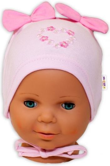 Baby Nellys Bavlněná čepička na zavazování Baby Nellys s mašličkami - sv. růžová, 44 - 48cm 44/48 čepičky obvod - obrázek 2