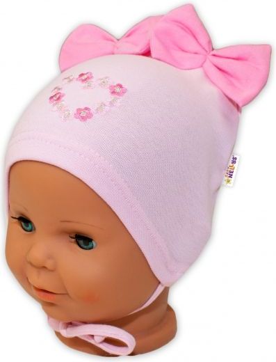 Baby Nellys Bavlněná čepička na zavazování Baby Nellys s mašličkami - sv. růžová, 44 - 48cm 44/48 čepičky obvod - obrázek 3