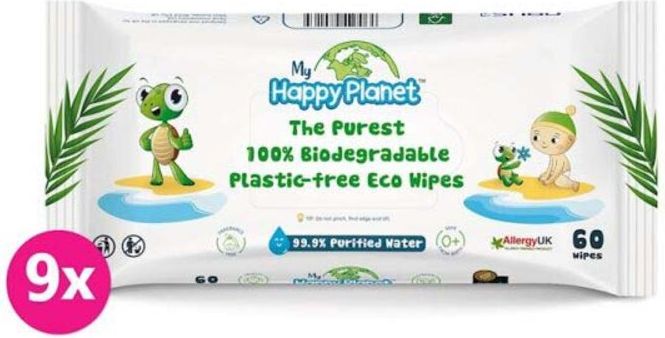 9x MY HAPPY PLANET 100% BIO odbouratelné vlhčené ubrousky 60 ks - obrázek 1