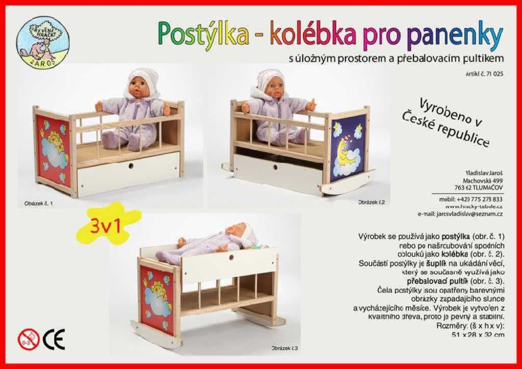 DŘEVO Postýlka kolébka pro panenky miminko 3v1 přebalovací pultík - obrázek 5