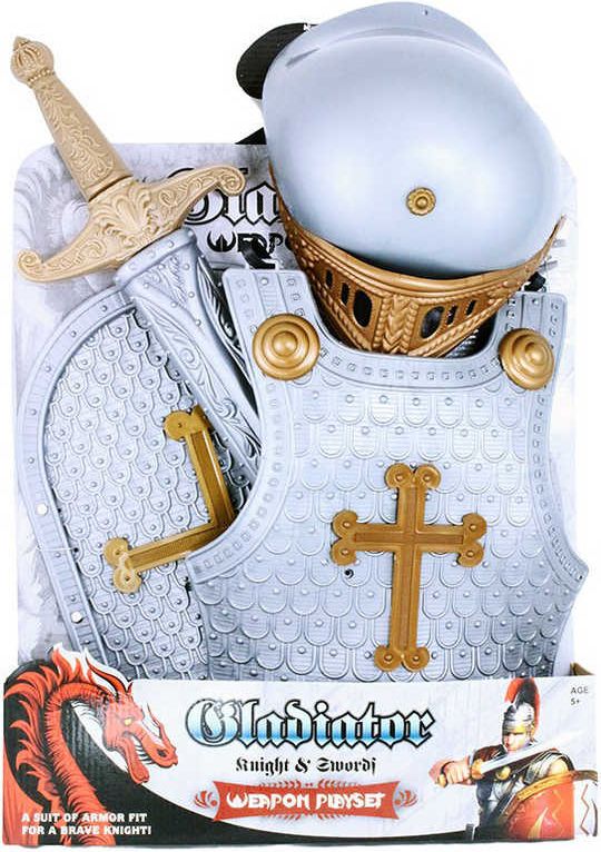 Sada dětská rytířská plastový stříbrný set meč, helma, štít a vesta - obrázek 1