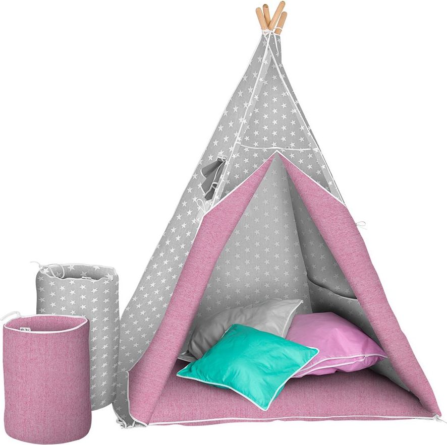 AKUKU | Luxusní stany | Dětský luxusní stan s výbavou Teepee Akuku šedo-růžový | Růžová | - obrázek 1