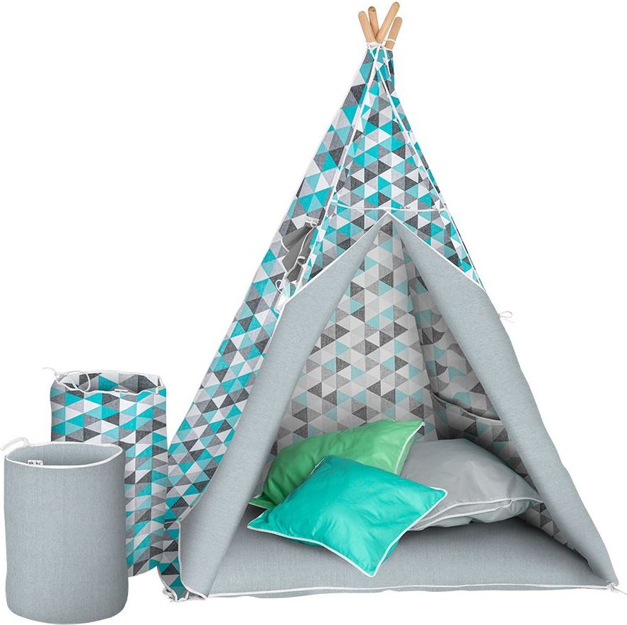 AKUKU | Luxusní stany | Dětský luxusní stan s výbavou Teepee Akuku tyrkysovo-šedý | Modrá | - obrázek 1