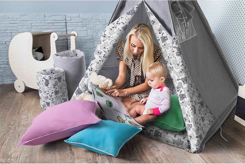 AKUKU | Luxusní stany | Dětský luxusní stan s výbavou Teepee Akuku tyrkysovo-šedý | Modrá | - obrázek 7