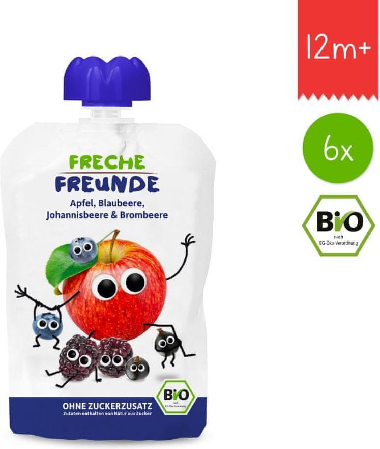 Freche Freunde BIO Ovocná kapsička Jablko, borůvka, rybíz a ostružina 6x100g - obrázek 1