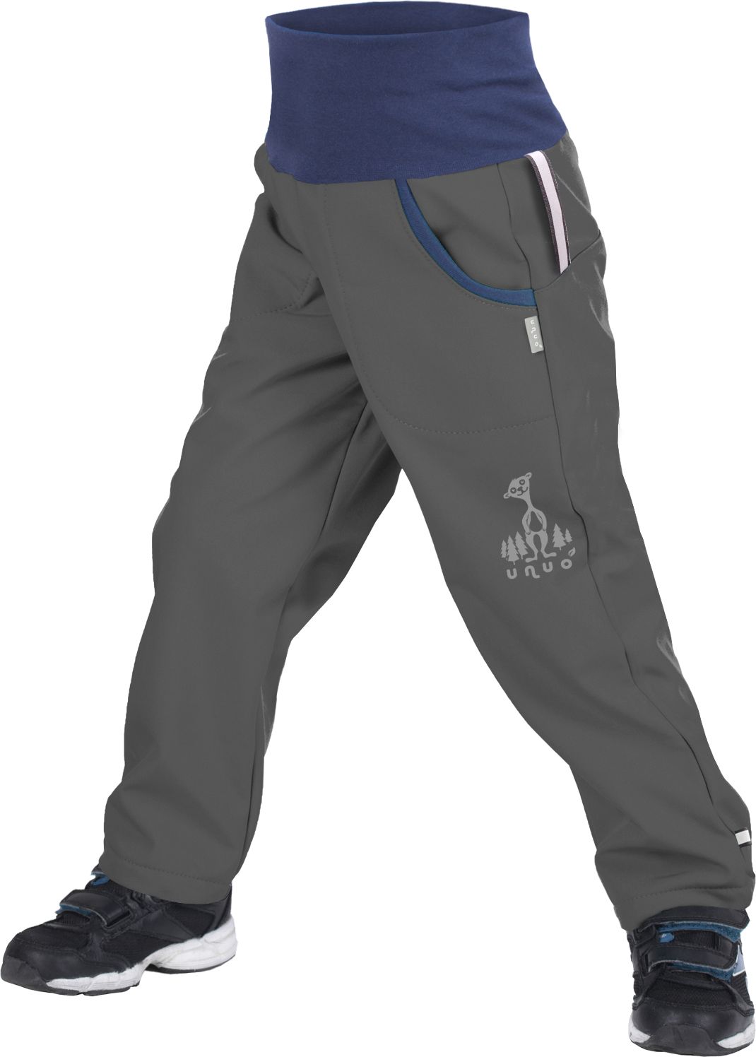 unuo softshellové kalhoty s fleecem Tm. šedé + reflexní obrázek Evžen (Softshell kids trousers with fleece, dark grey) Velikost (Size): 128/134 - obrázek 1