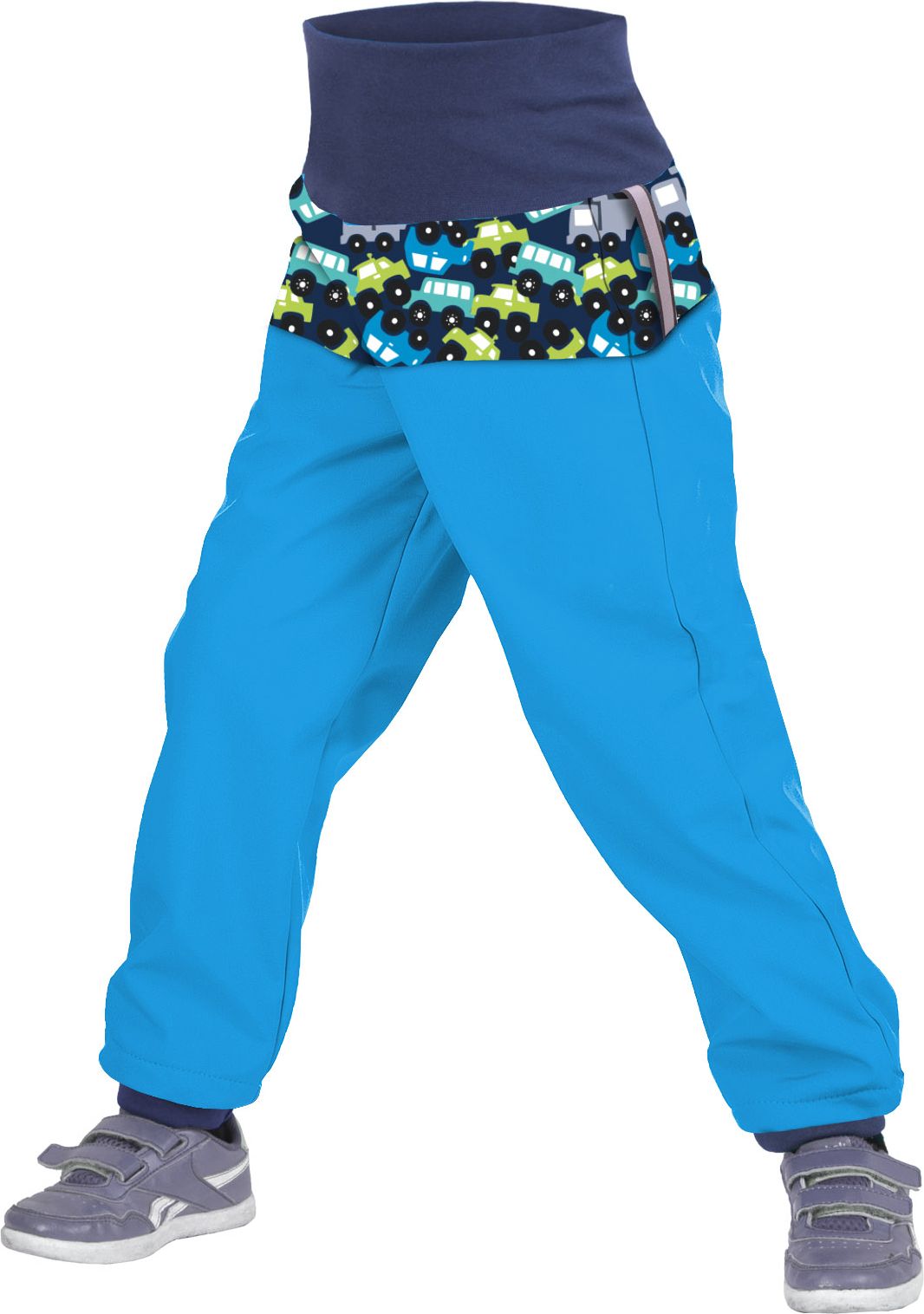unuo Batolecí softshellové kalhoty s fleecem Autíčka tyrkysové (Softshell toddler trousers with fleece, cars, turquoise) Velikost (Size): 98/104 SLIM - obrázek 1