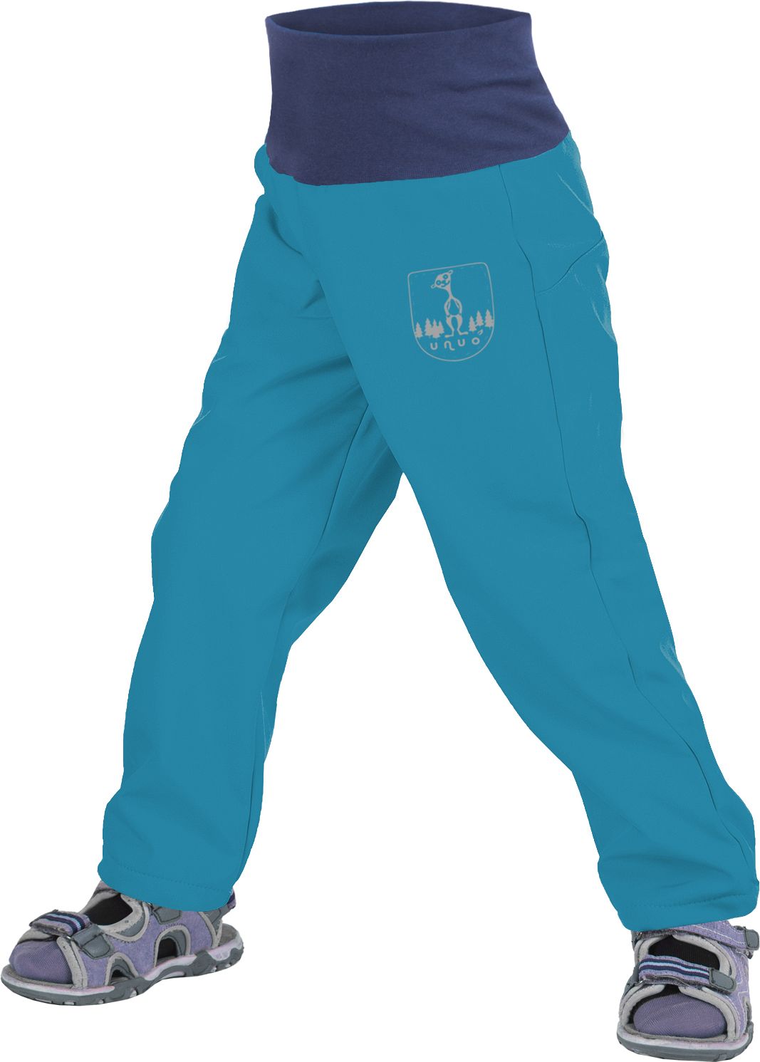 unuo Batolecí softshellové kalhoty bez zateplení Aqua + reflexní obrázek Evžen (Softshell toddler trousers, no insulation, aqua) Velikost (Size): 98/104 SLIM - obrázek 1