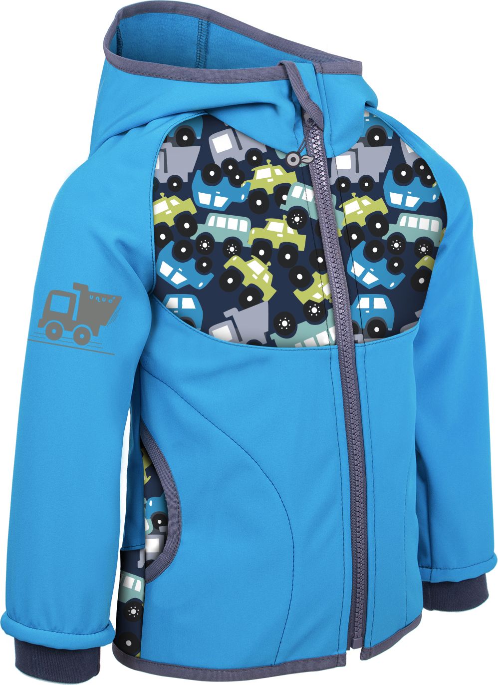 unuo Softshellová bunda s fleecem Autíčka tyrkysová (fleece softshell jacket cars turquoise) Velikost (Size): 98/104 - obrázek 1