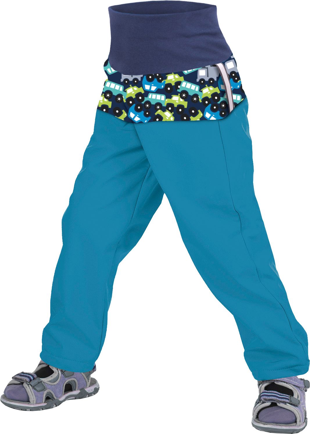 unuo Batolecí softshellové kalhoty bez zateplení Autíčka aqua (Softshell toddler trouser, no insulation, cars, aqua) Velikost (Size): 98/104 SLIM - obrázek 1