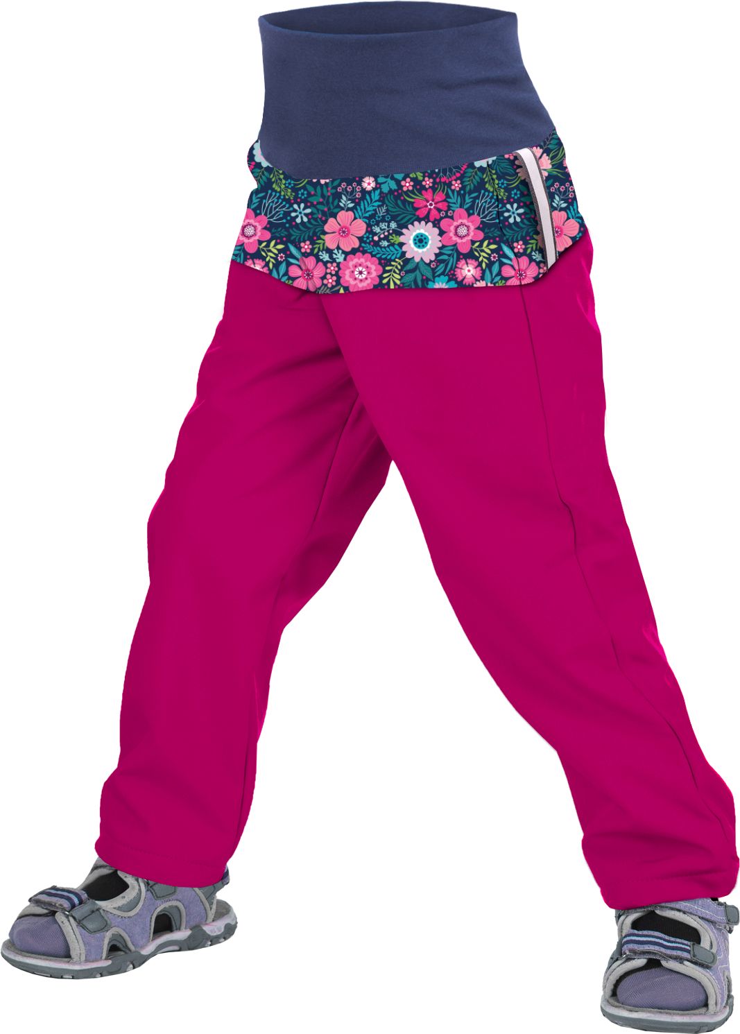 unuo Batolecí softshellové kalhoty bez zateplení Květinky malinové (Softshell toddler trousers, no insulation, flowers, raspberry) Velikost (Size): 98/104 SLIM - obrázek 1