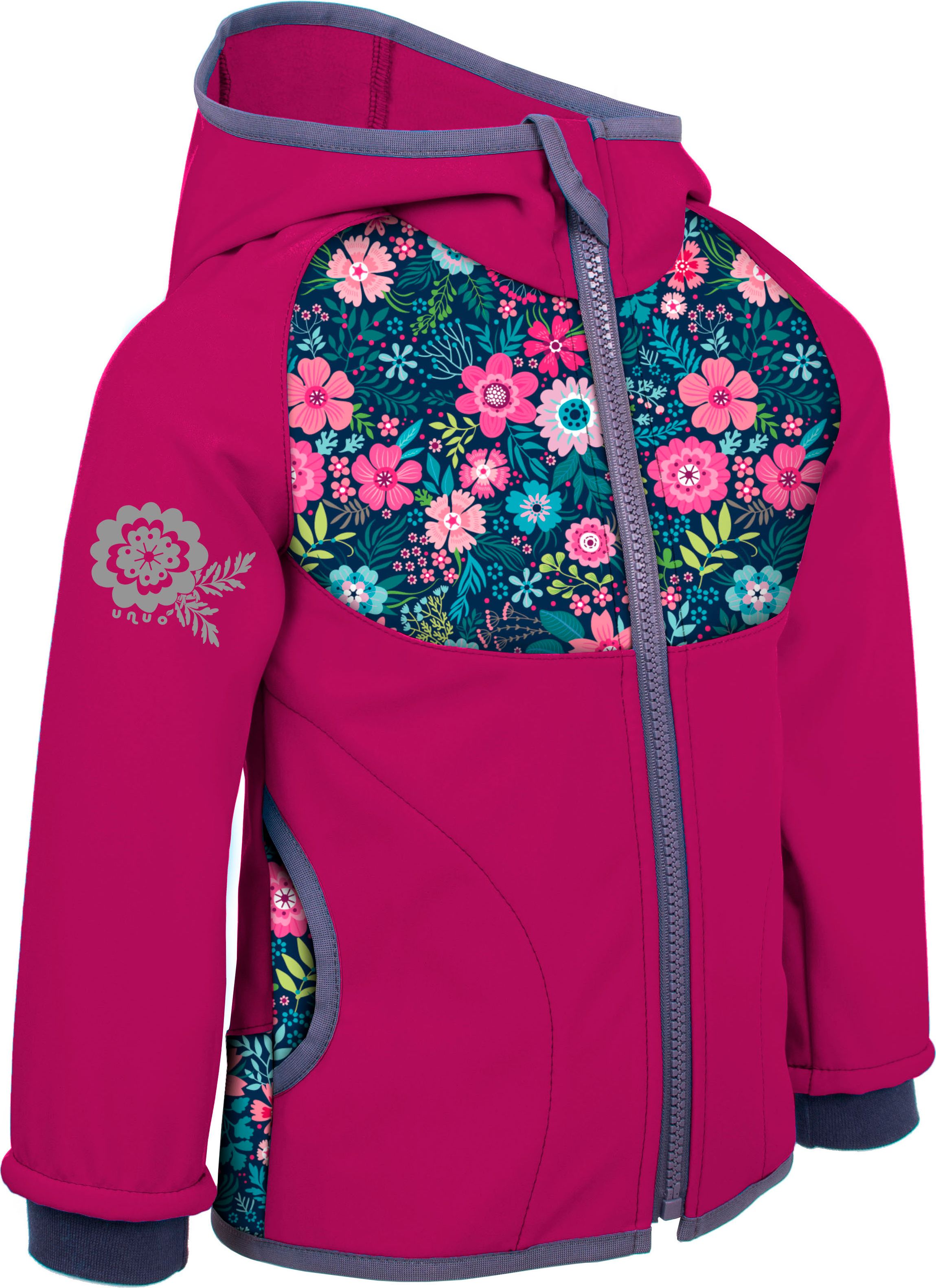 unuo Softshellová bunda bez zateplení Květinky malinová (softshell jacket, no insulation, flowers, raspberry) Velikost (Size): 74/80 - obrázek 1