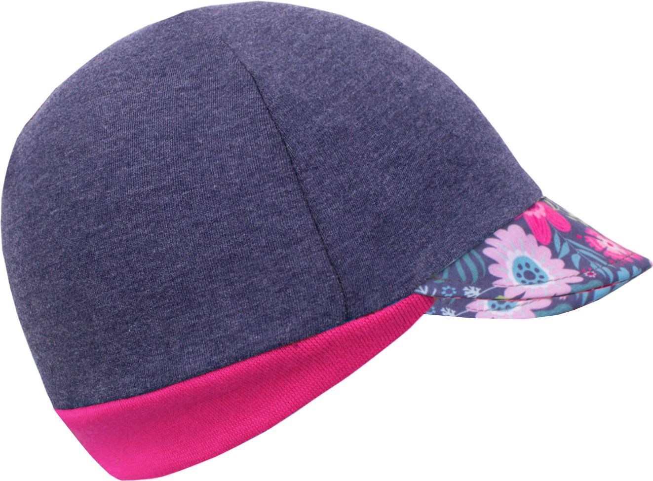 Unuo, Teplákovinová čepice s kšiltem Street, Jeans temný, Květinky (warmer cotton cap Street, dark jeans, flowers) Velikost (Size): XS (42 - 44 cm) - obrázek 1