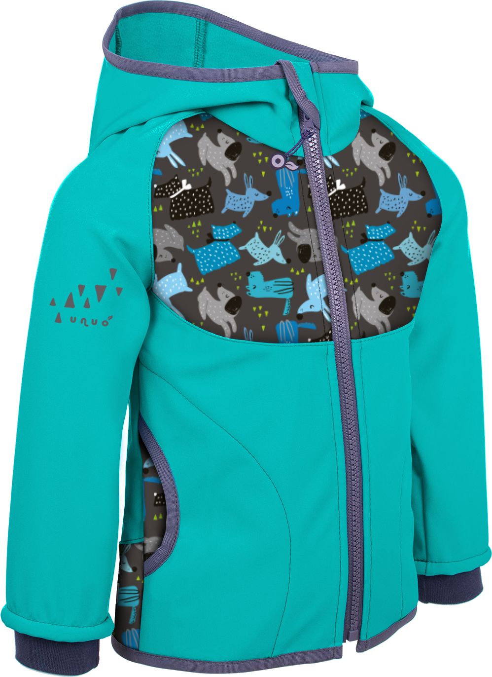 Unuo, Softshellová bunda s fleecem,  Smaragdová, Pejsci ( Unuo softshell jacket printed) Velikost (Size): 98/104 - obrázek 1