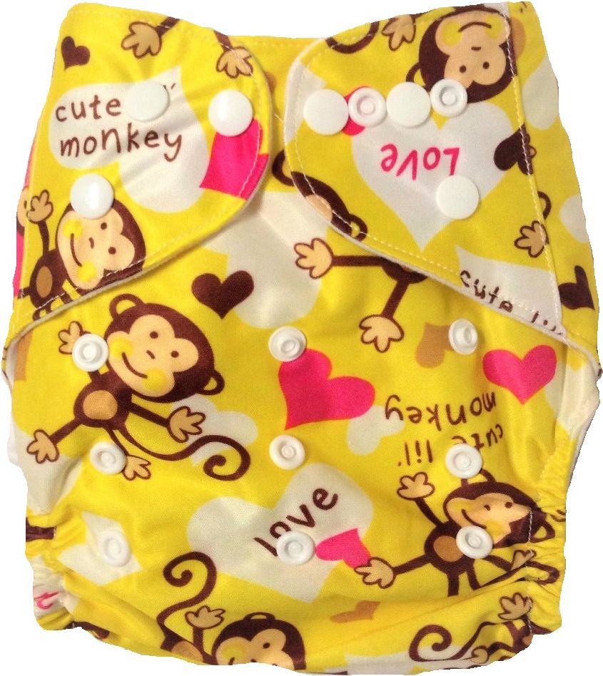 ECObabynz Svrchní kalhotky kapsovky Žlutá s opicí HLADKÁ Dětské látkové pleny - obrázek 1