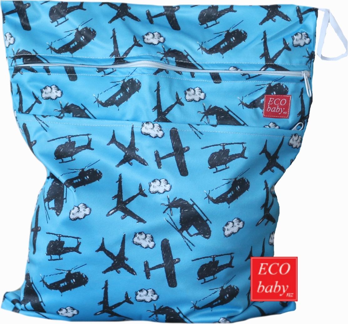 ECObabynz Voděodolná taška 2 zipy na dětské látkové pleny -  Modrá s letadly, HLADKÁ - obrázek 1