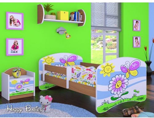 Dětská postel Happy Babies se zábranou Bílá Květy s motýlkem 140x70 - obrázek 1