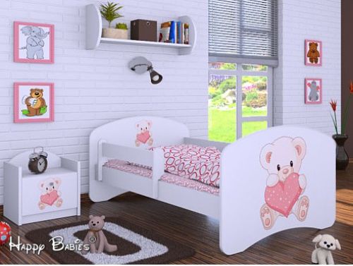 Dětská postel Happy Babies se zábranou Bílá Medvídek se srdíčkem 140x70 - obrázek 1