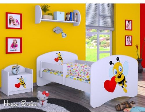 Dětská postel Happy Babies Bílá se zábranou Včelka a srdíčko 140x70 - obrázek 1