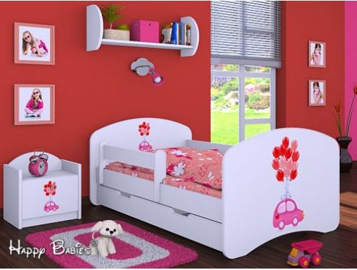 Dětská postel Happy Babies Bílá se zábranou Auto a balónky 140x70 - obrázek 1