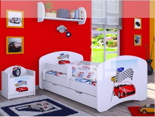 Dětská postel Happy Babies Bílá se zábranou Závodní auta 140x70 - obrázek 1