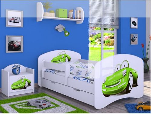 Dětská postel Happy Babies Bílá se zábranou Veselé autíčko 140x70 - obrázek 1