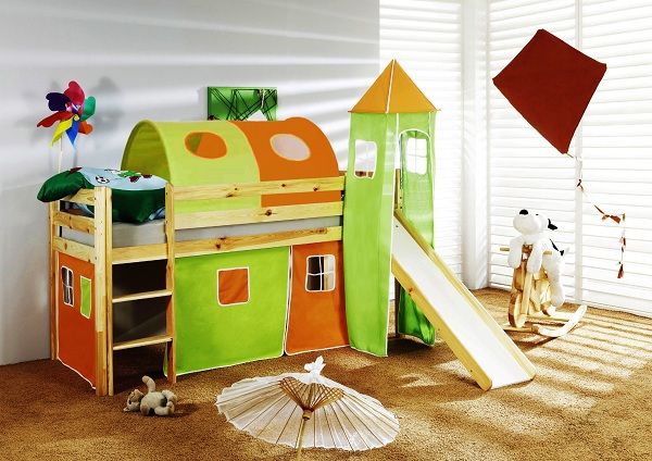 Happy Babies Vyvýšená postel+skluzavka a domeček přírodní Oranžovozelená 200x90 - obrázek 1