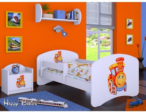 Dětská postel Happy Babies se zábranou Bílá Veselý vláček 180x90 - obrázek 1